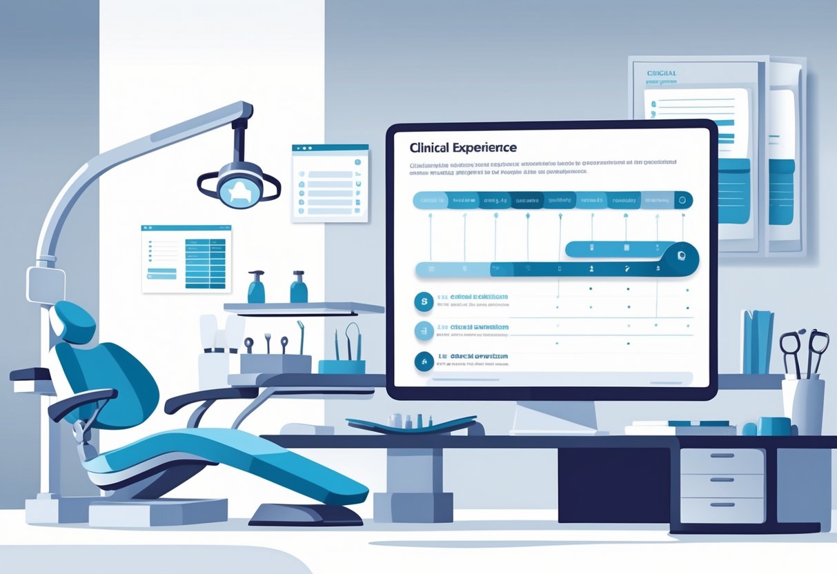7 Dentist Resume Examples & Guide for 2025: Expert Tips to Impress Employers 2 A modern dental office with a dental chair, instruments, and a computer screen showing a visual timeline of clinical experience arranged from recent to earlier dates.