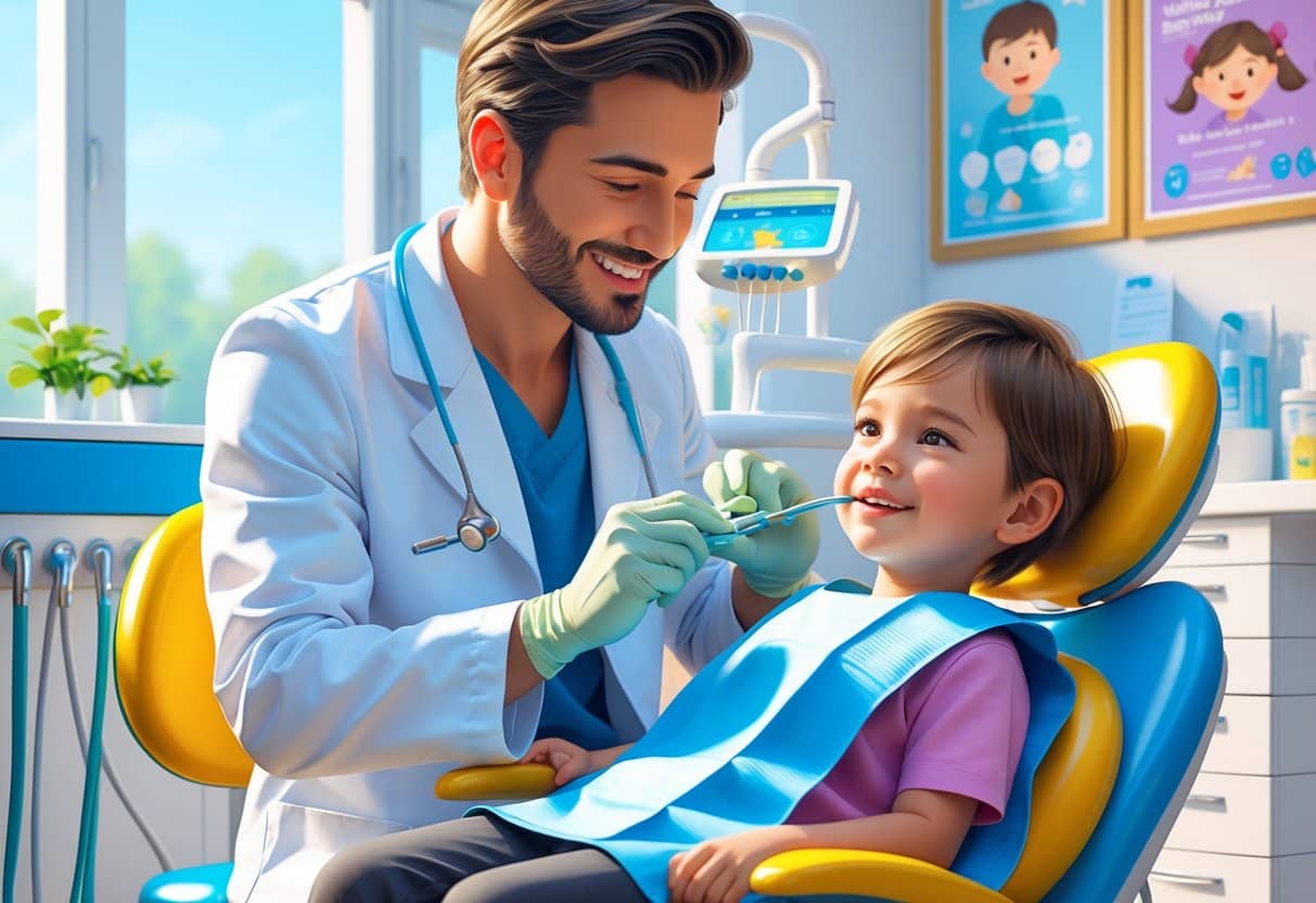 7 Dentist Resume Examples & Guide for 2025: Expert Tips to Impress Employers 3 A dentist examining a young child's teeth in a bright dental clinic, with dental equipment and educational posters in the background.