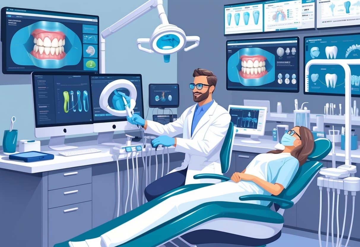 7 Dentist Resume Examples & Guide for 2025: Expert Tips to Impress Employers 5 A dentist using advanced dental technology and software in a modern dental office with digital displays and dental instruments.