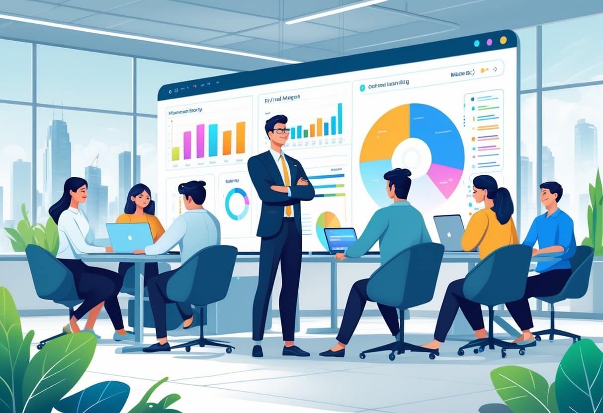 A project manager leading a team in a modern office with digital charts and devices, collaborating on project planning.