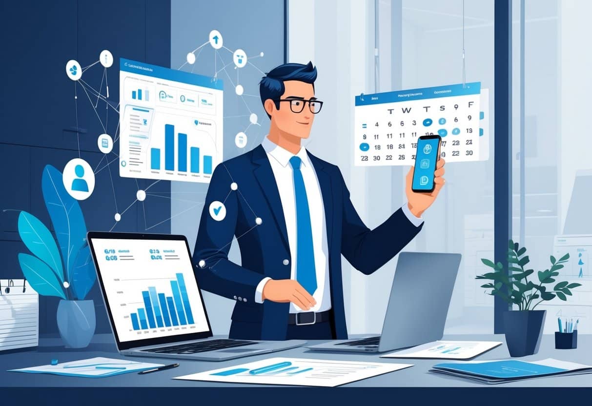7 Outside Sales Resume Examples & Guide for 2025: Expert Tips for Modern Job Seekers 2 A business professional working at a desk with digital devices and charts, surrounded by icons representing networking and sales growth.