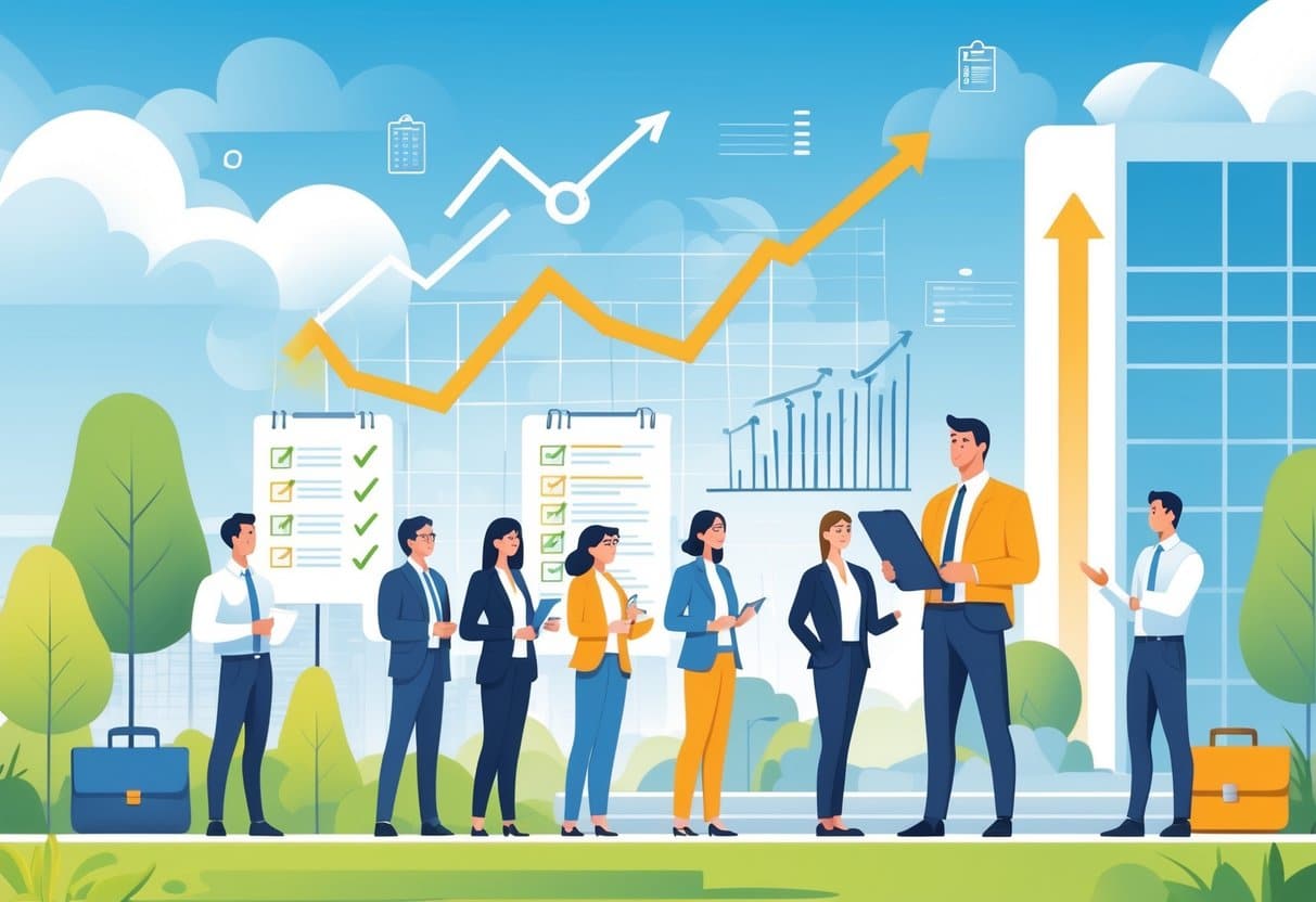 7 Outside Sales Resume Examples & Guide for 2025: Expert Tips for Modern Job Seekers 5 A sales professional interacting with clients outdoors near an office building, surrounded by symbols of business growth and success.
