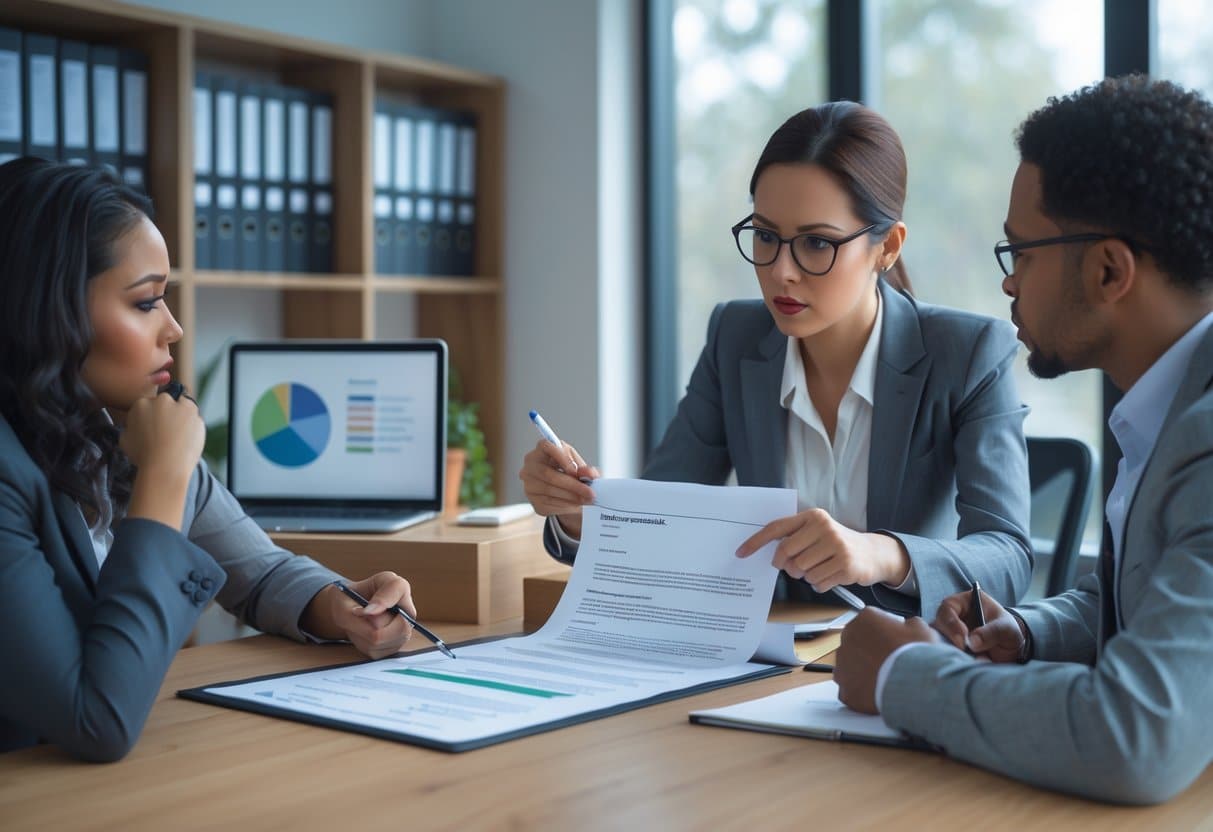 Can You Quit a Contract Job? Assessing If It's the Right Fit for You 2 Three people in an office discussing a contract document around a conference table, focusing on understanding job terms and conditions.