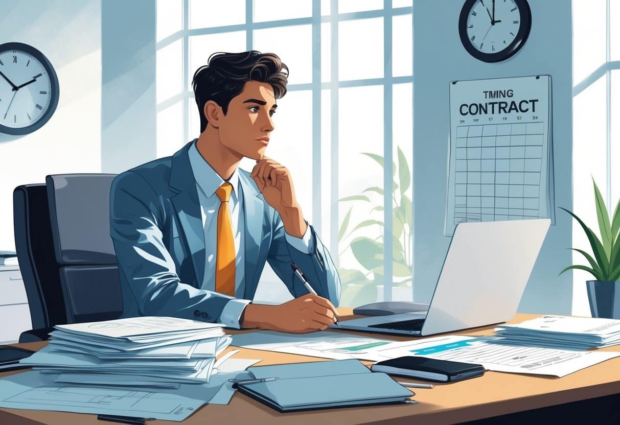 Can You Quit a Contract Job? Assessing If It's the Right Fit for You 3 A young professional sitting at a desk with project plans, a laptop, and a calendar, looking thoughtful while holding a pen and notebook.