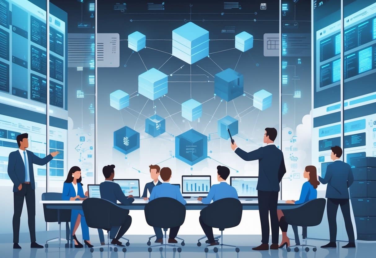 10 Database Manager Resume Examples & Guide for 2025: Proven Formats and Expert Tips 4 A database manager supervises a team working with digital screens showing database structures and data flow in a modern office.