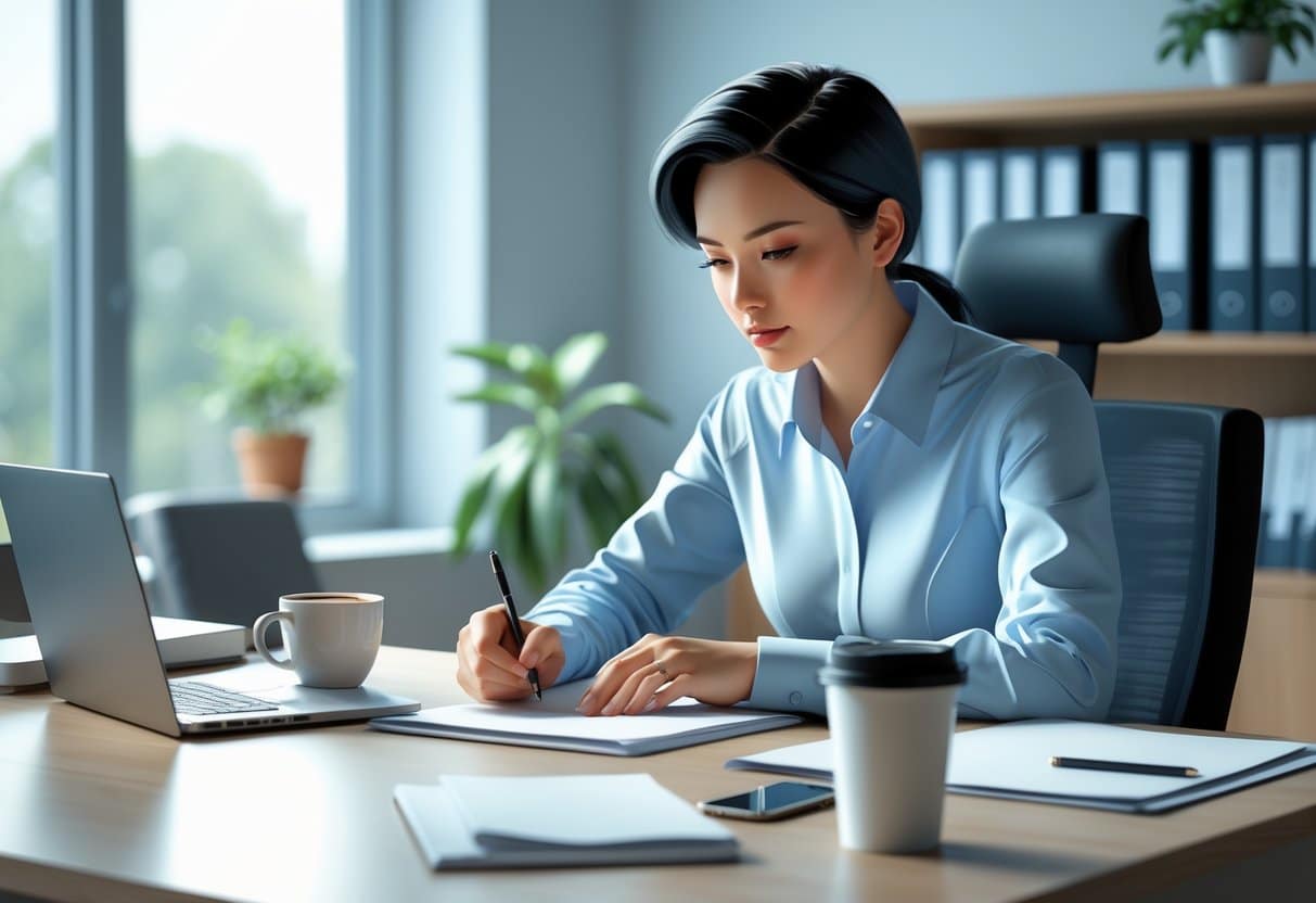 Can You Quit a Contract Job? Assessing If It's the Right Fit for You 4 A person sitting at a desk in an office, thoughtfully writing or typing with documents and a laptop nearby.