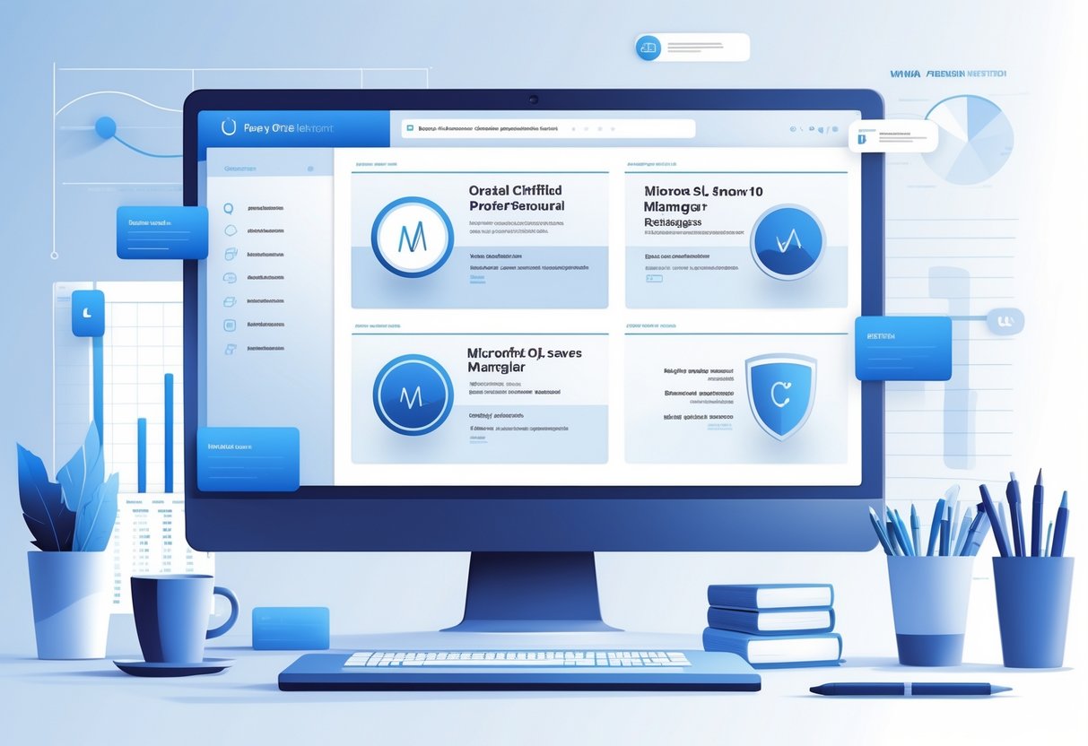 10 Database Manager Resume Examples & Guide for 2025: Proven Formats and Expert Tips 5 An office workspace with a computer displaying digital icons representing professional certifications, surrounded by work items like a coffee cup and notebook.