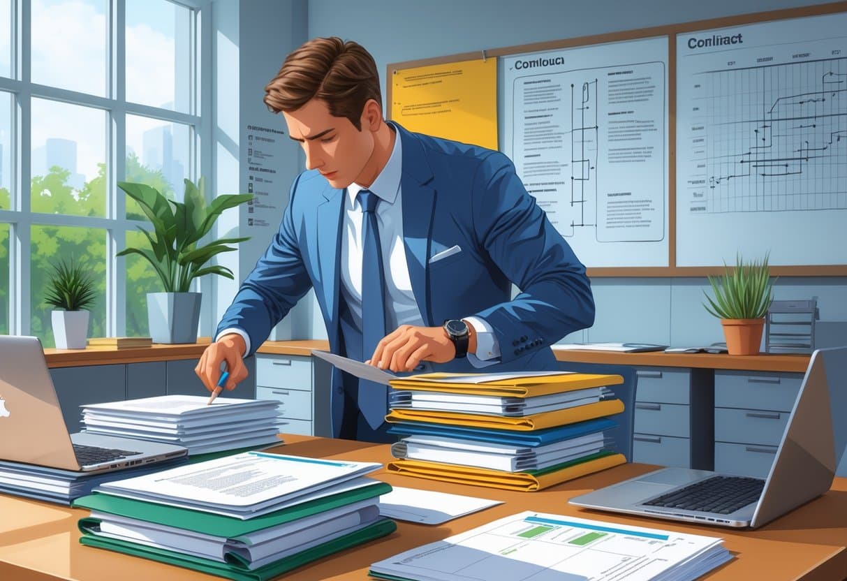 Can You Quit a Contract Job? Assessing If It's the Right Fit for You 5 A person organizing documents and preparing their workspace before leaving an office.