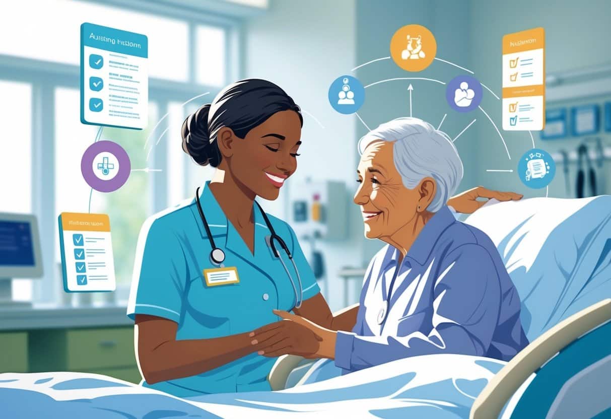 9 Nursing Assistant Resume Examples & Guide for 2025: Tips and Templates for Success 3 A nursing assistant helping an elderly patient in a hospital room with medical equipment and charts in the background.
