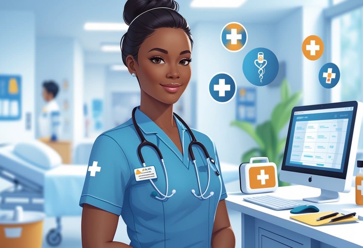 9 Nursing Assistant Resume Examples & Guide for 2025: Tips and Templates for Success 4 A nursing assistant in a healthcare setting wearing a uniform and stethoscope, surrounded by medical equipment and certification symbols.