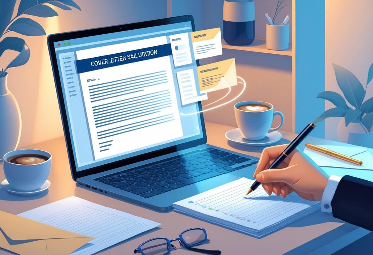 How to Write a Memorable Cover Letter Salutation That Stands Out to Employers 1 A workspace with a laptop, a hand holding a pen over a notepad, an envelope, and a coffee cup, suggesting someone writing a cover letter salutation.