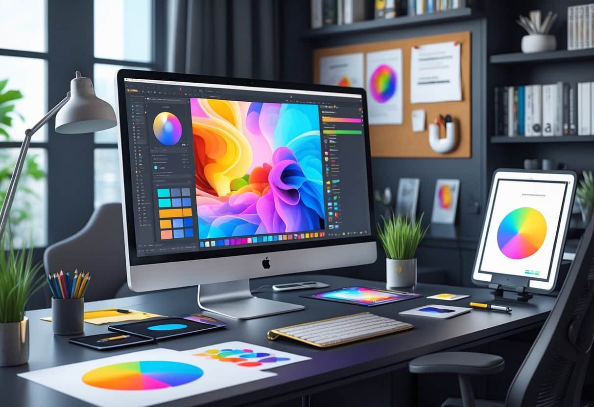 10 Multimedia Designer Resume Examples & Guide for 2025: Templates and Tips for a Standout Application 3 A modern workspace with a computer showing a colorful design interface, surrounded by design tools, sketches, and creative materials.