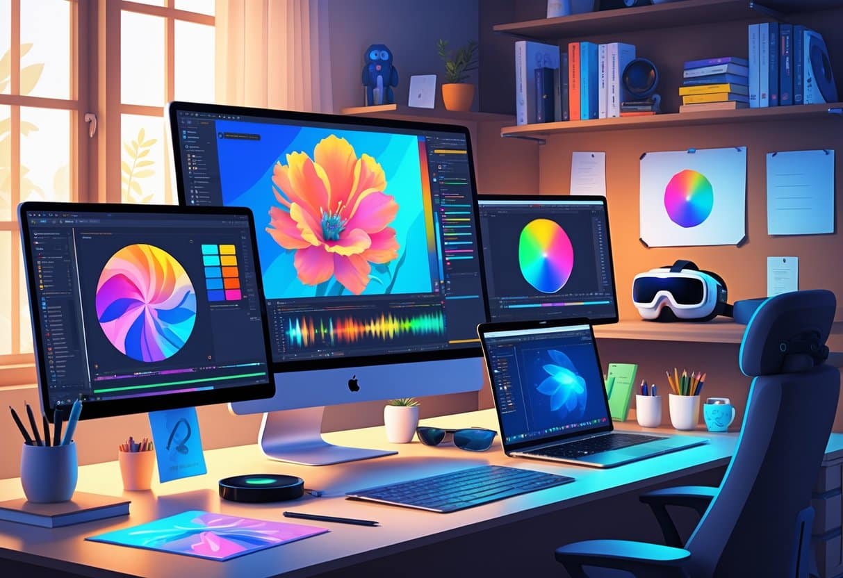 10 Multimedia Designer Resume Examples & Guide for 2025: Templates and Tips for a Standout Application 4 A modern multimedia designer's workspace with multiple monitors showing digital artwork and video editing, a drawing tablet, color swatches, and design tools on a desk.