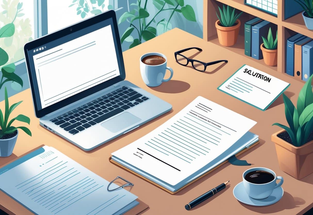 How to Write a Memorable Cover Letter Salutation That Stands Out to Employers 5 A clean desk with a laptop, notebook, pen, coffee cup, and glasses in a softly lit office setting.