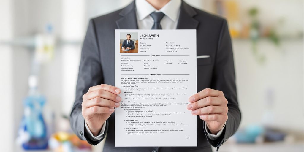 Person holding resume, cleaning supplies nearby.