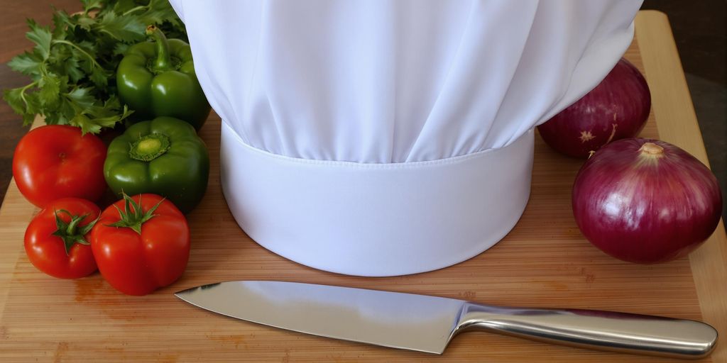 Chef's hat on cutting board with vegetables.