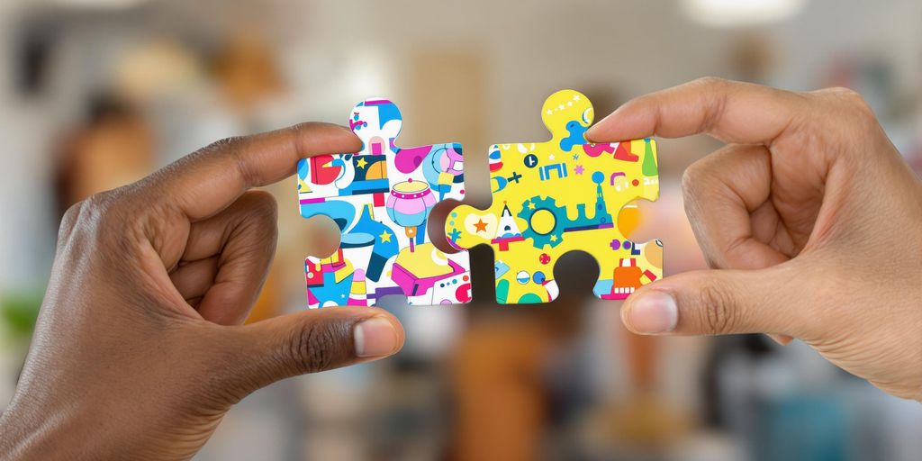 Two people collaborating with a puzzle piece.