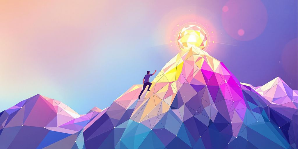 Person scaling mountain, reaching for glowing skill orb.