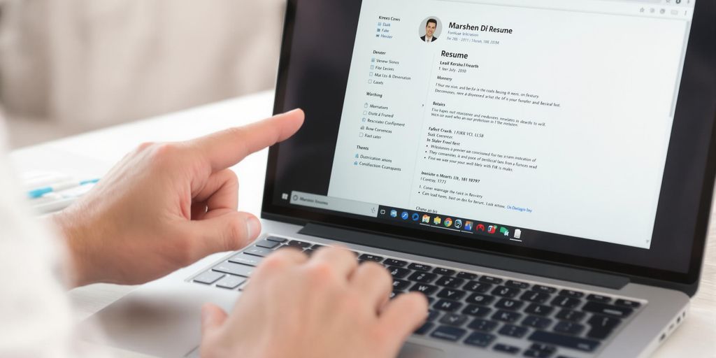 Laptop with an open resume, person reaching for the screen.