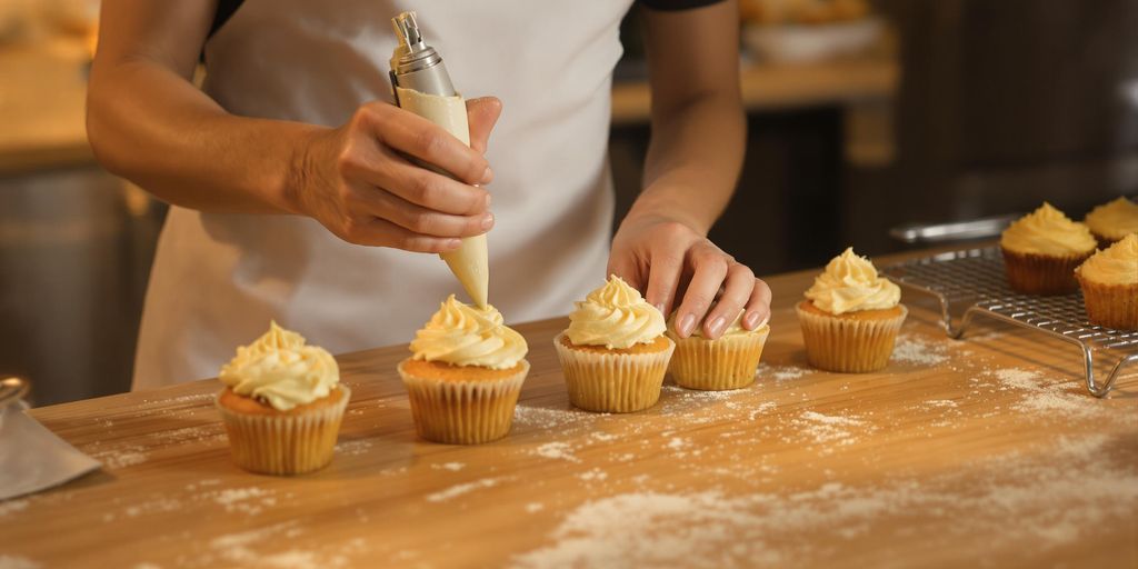 Baker decorating pastries with frosting.
