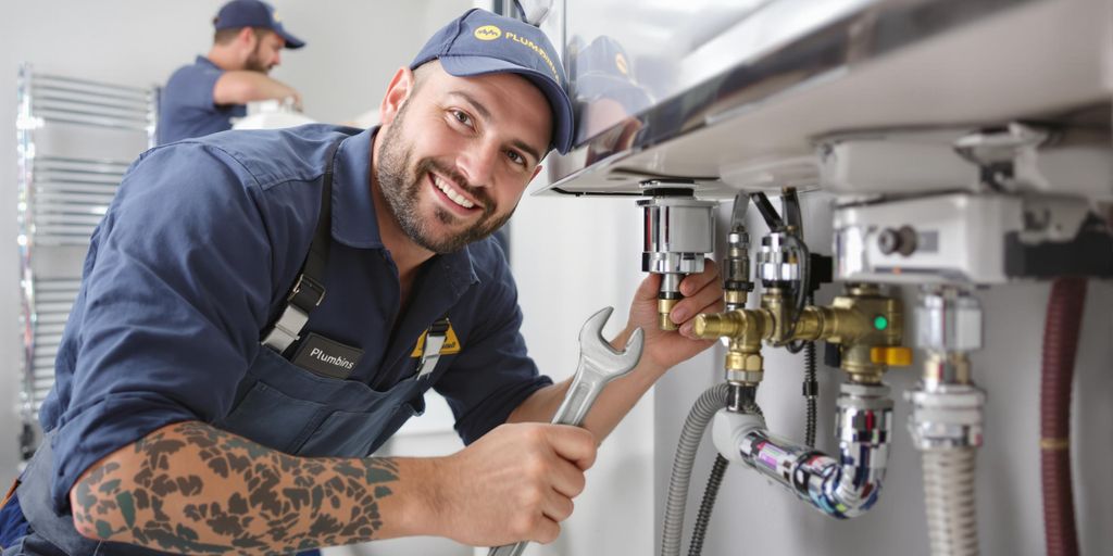 Two plumbers working under sink in bright bathroom with tools