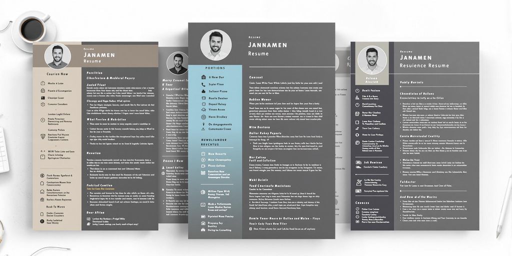 Clean resume layouts, diverse professional settings.
