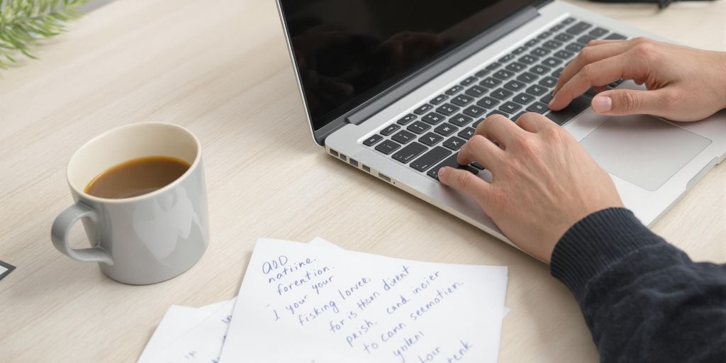 Laptop, coffee, and paper on a wooden desk.