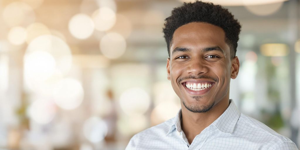 Young professional smiling, surrounded by subtle tech elements.