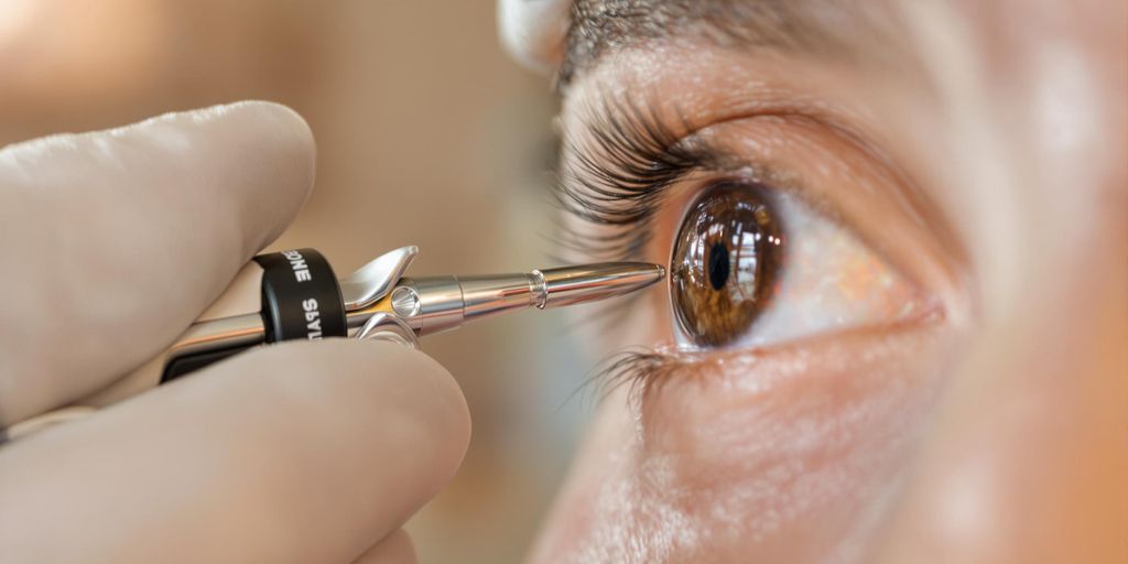 Optometrist examining eye with modern equipment, illustrative.