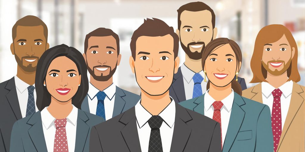 Professionals, diverse, polished, modern office setting, subtly smiling.