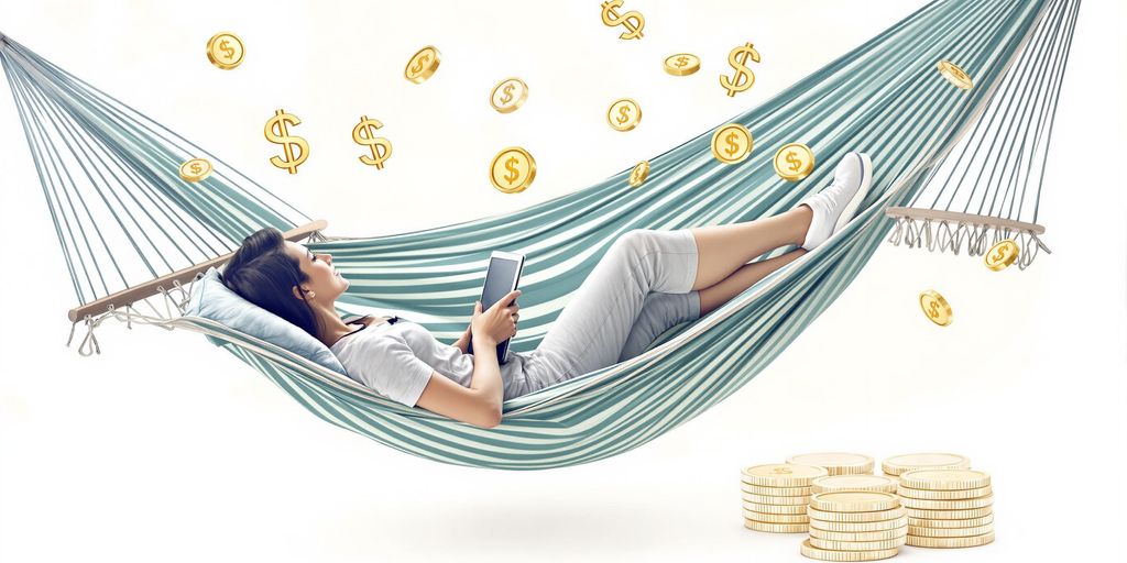 Person relaxing, money floating, easy income.