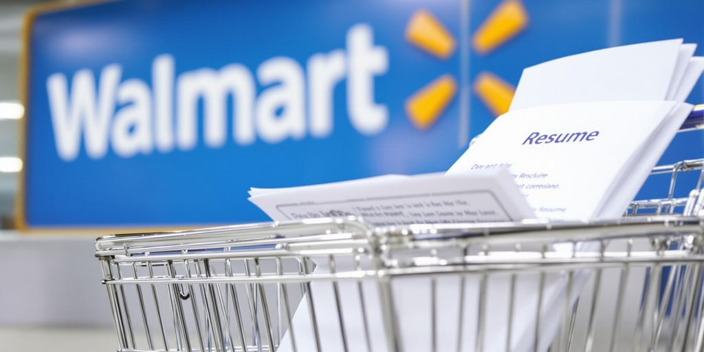 Shopping cart with resume and Walmart logo.
