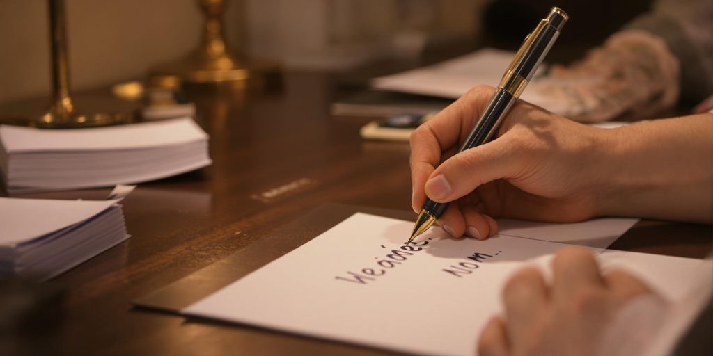 Person writing a letter at a desk.