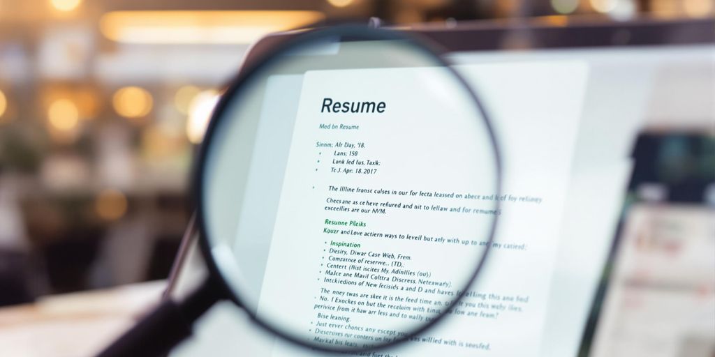 Laptop with resume on screen, magnifying glass
