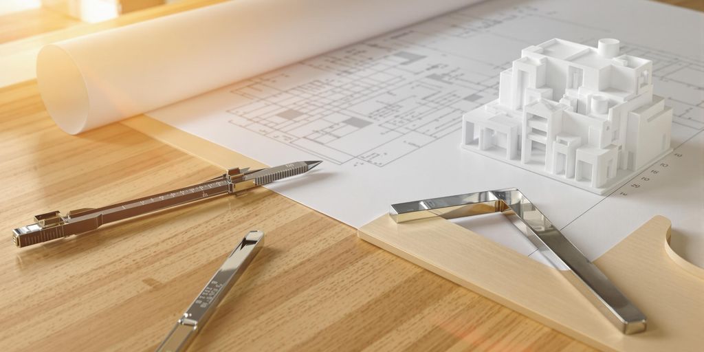 Architectural tools, blueprints, and a miniature building model.
