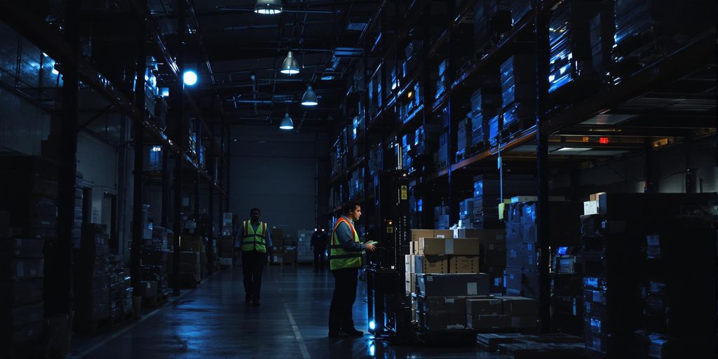 Worker in safety vest scans box in dimly lit warehouse.