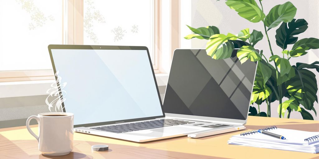 Laptop, coffee, notepad, home office.
