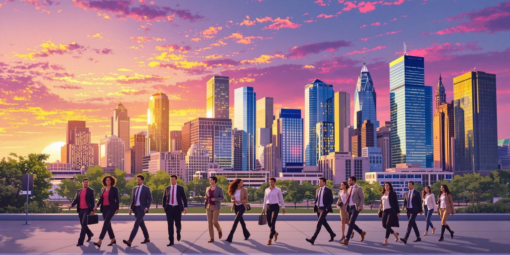Houston skyline, diverse professionals, career growth