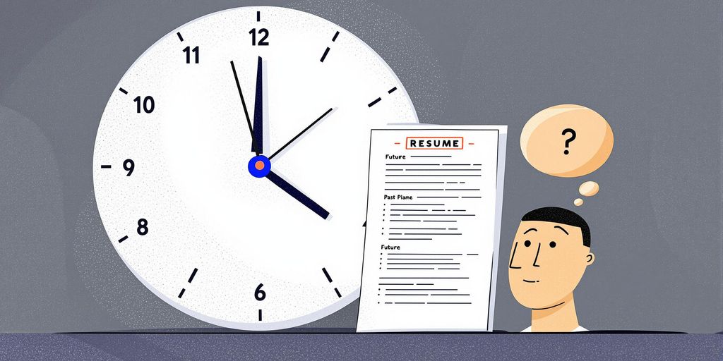 Clock hands moving, resume document, person thinking.