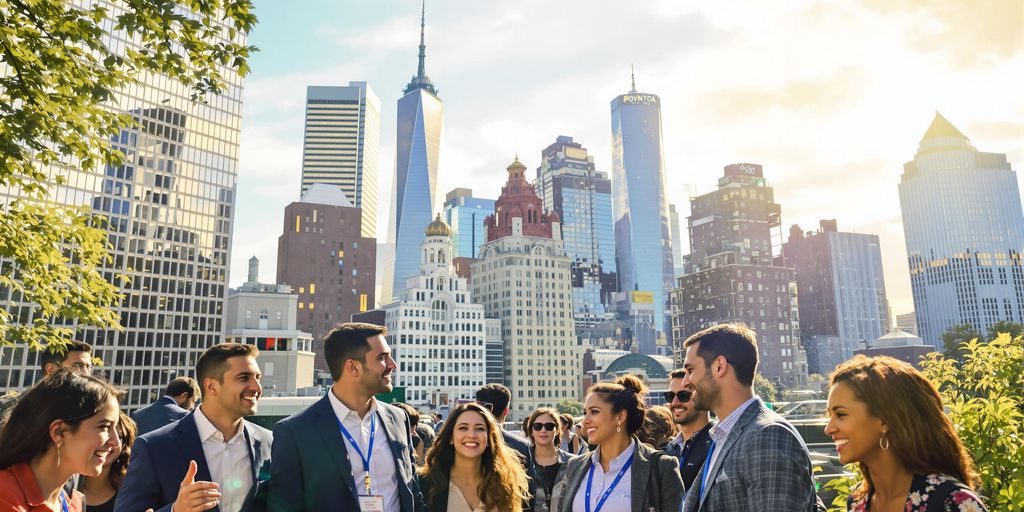 Manhattan skyline, diverse professionals smiling