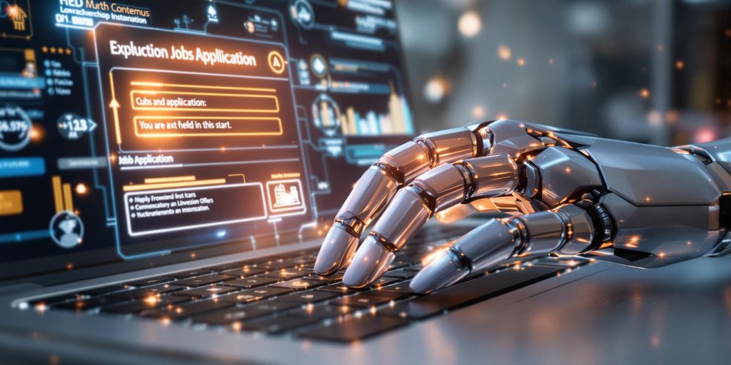 Robot hand on keyboard, job search interface