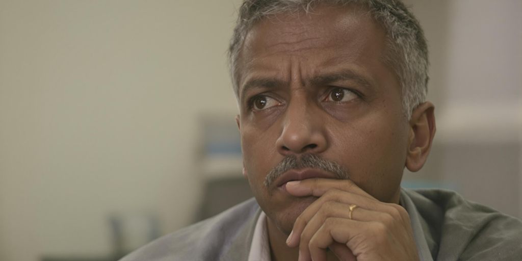Person contemplating, looking slightly distressed, thinking about future.