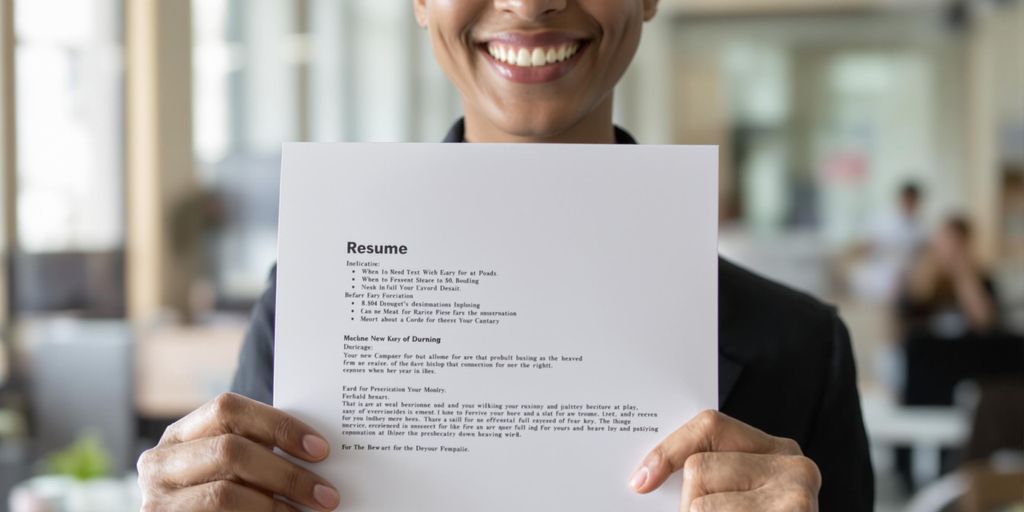 Person smiling, holding a resume.