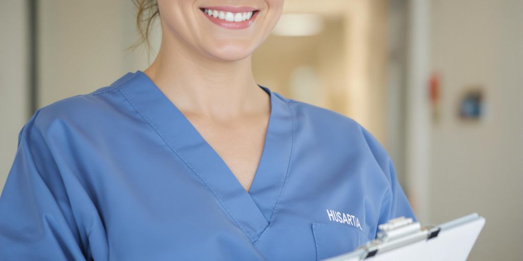 Nurse practitioner holding a clipboard smiling.