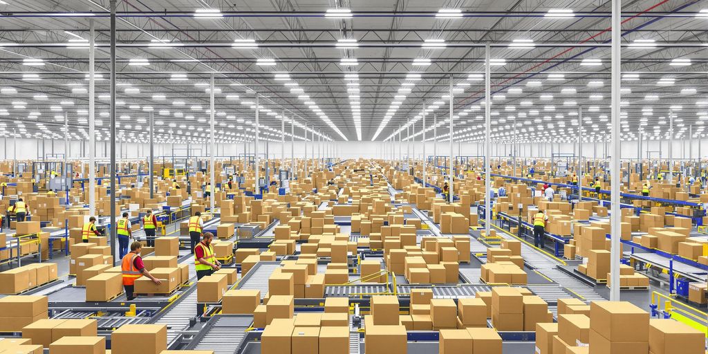 Workers moving packages in a large warehouse