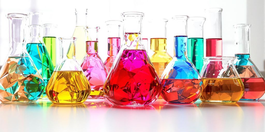 Beakers and flasks with colorful liquids.