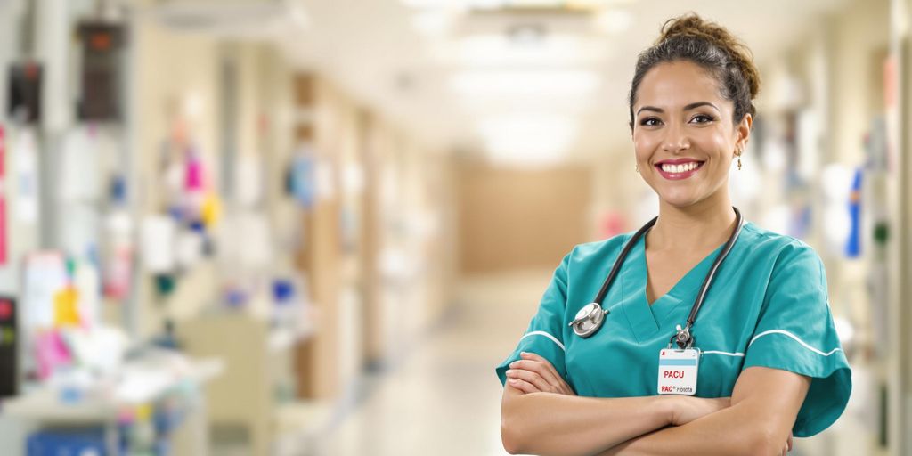 Nurse in scrubs, warm lighting, focused, professional