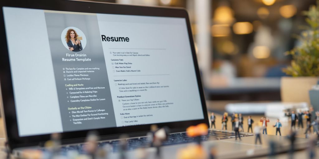 Laptop, resume, and marketing elements