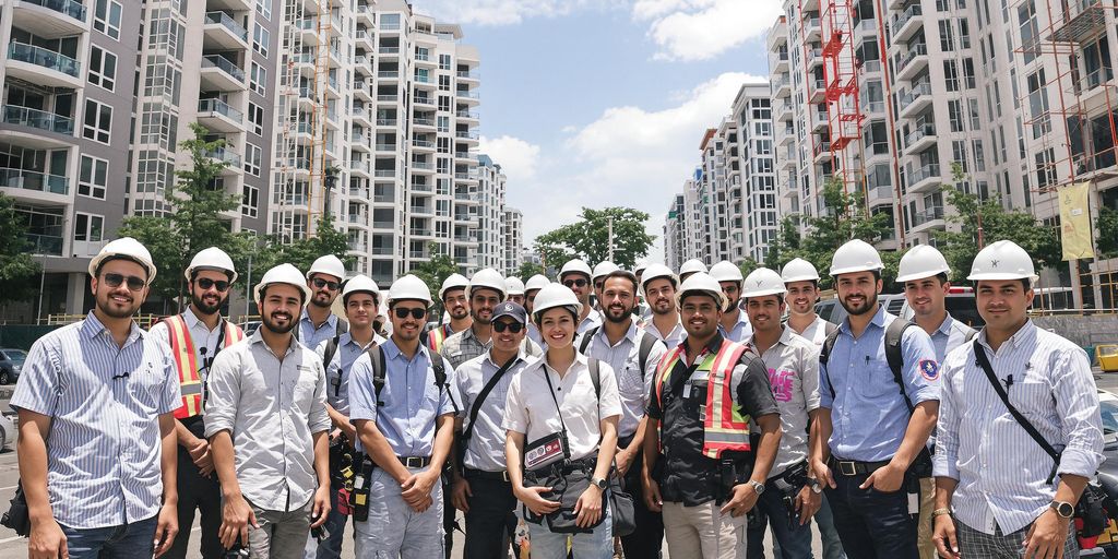 Diverse people building, city background