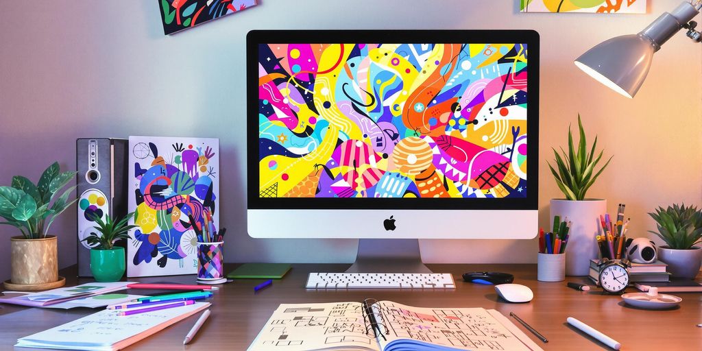 Creative director's desk with colorful abstract art.